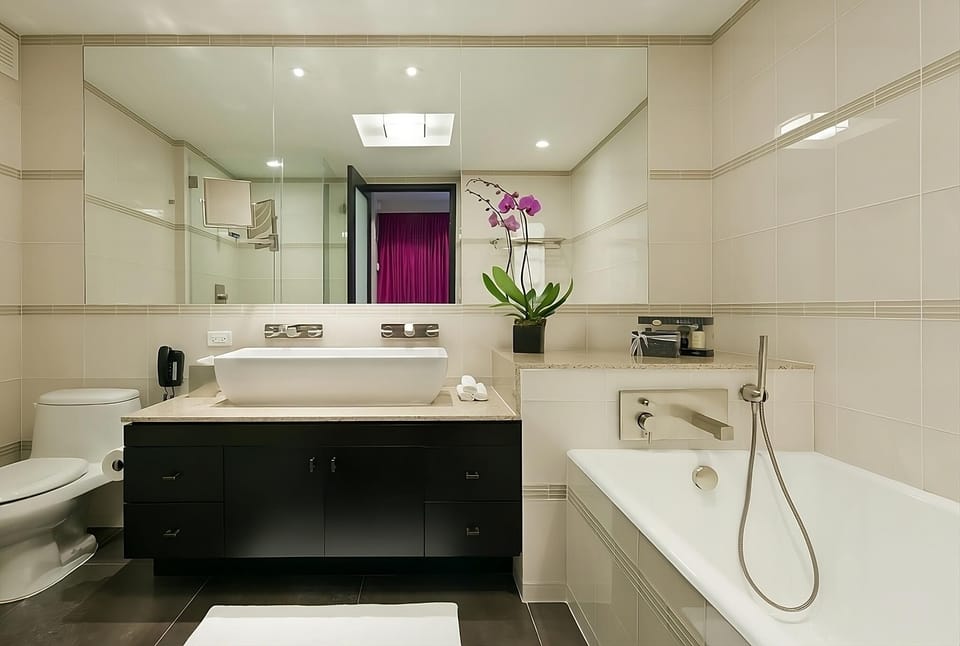 Start your morning with a spa-style sink and soaking tub.