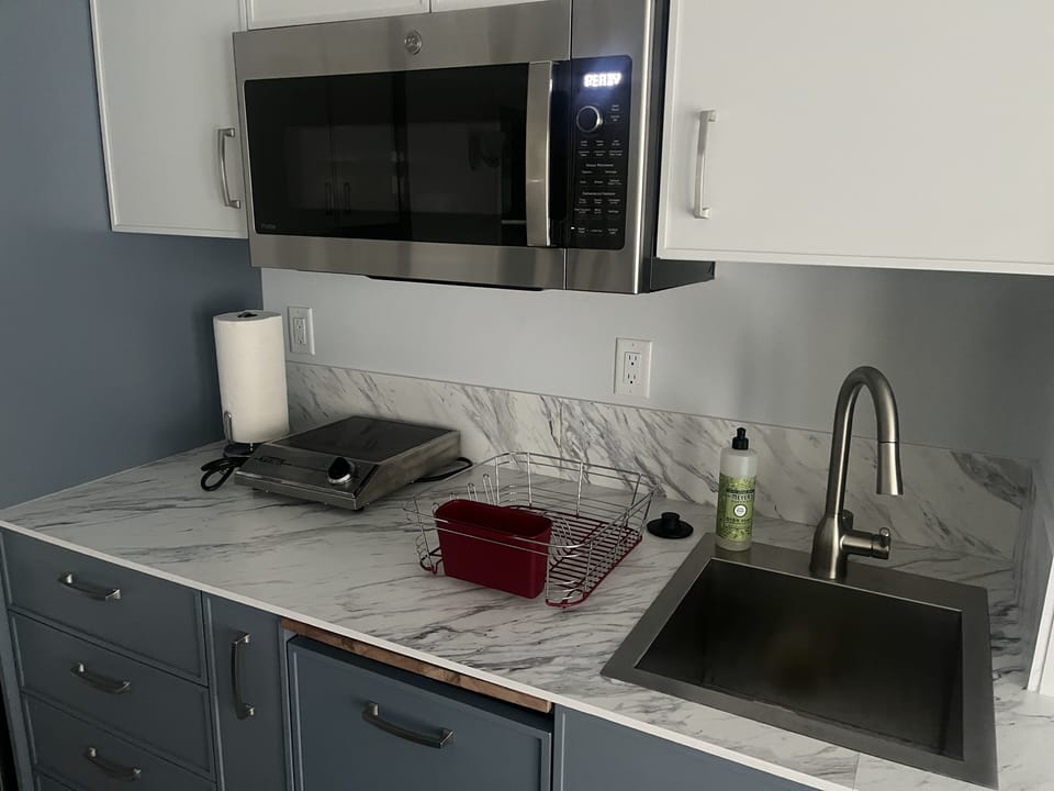 Kitchen with 1 induction cooktop, microwave that doubles as a convection oven.