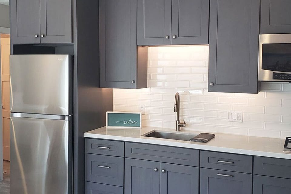 Kitchen Area, full size fridge, microwave  / Baking hybrid oven & Stove