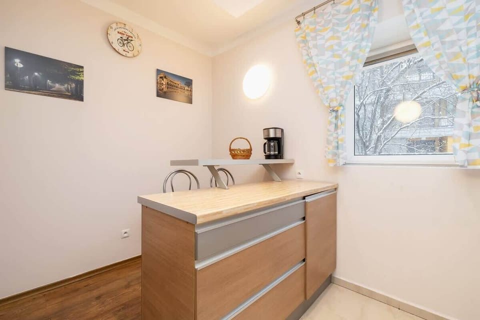 The kitchen's contemporary decor complements the apartment's style.