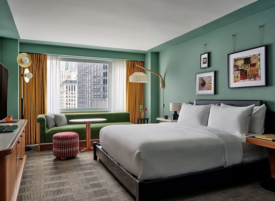 Wake refreshed in a serene room overlooking the city.