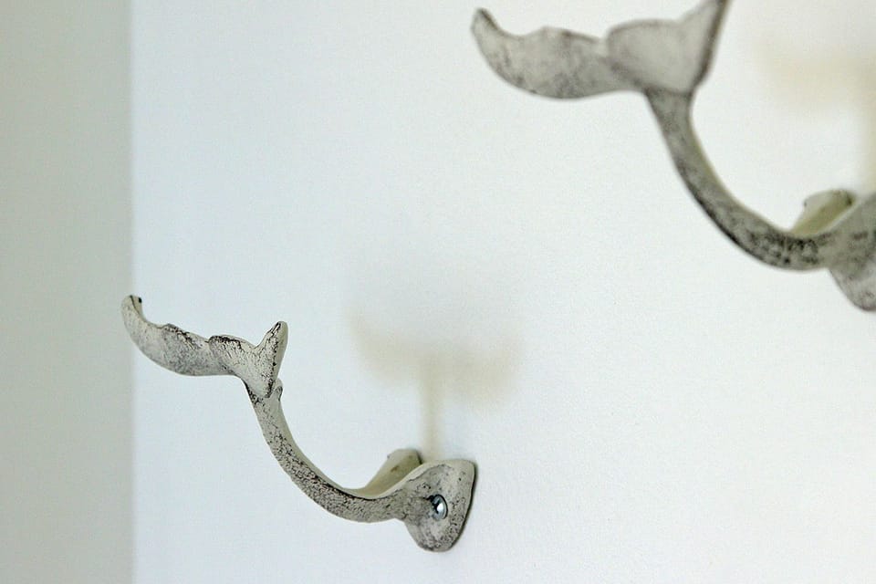 Whale tails bring the beach to you in the master bathroom for hanging wet towels