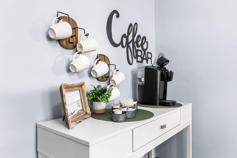 Start your day off right with a cup of coffee from our cozy coffee bar.