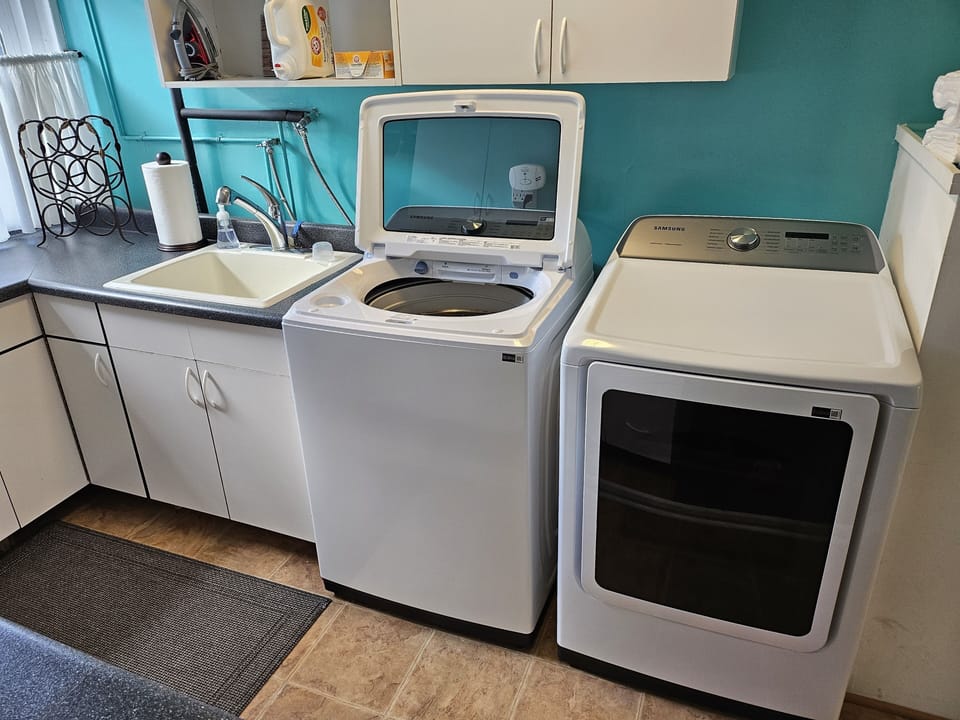 New washer and dryer along with detergent and laundry baskets. 