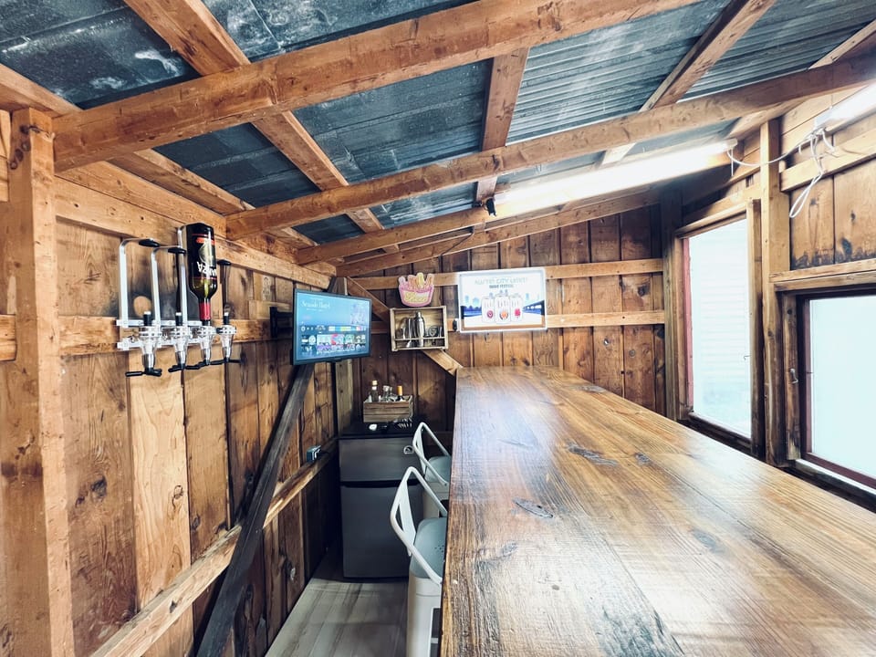bar shed, smart tv, mini fridge, drink dispenser, cocktail mixer