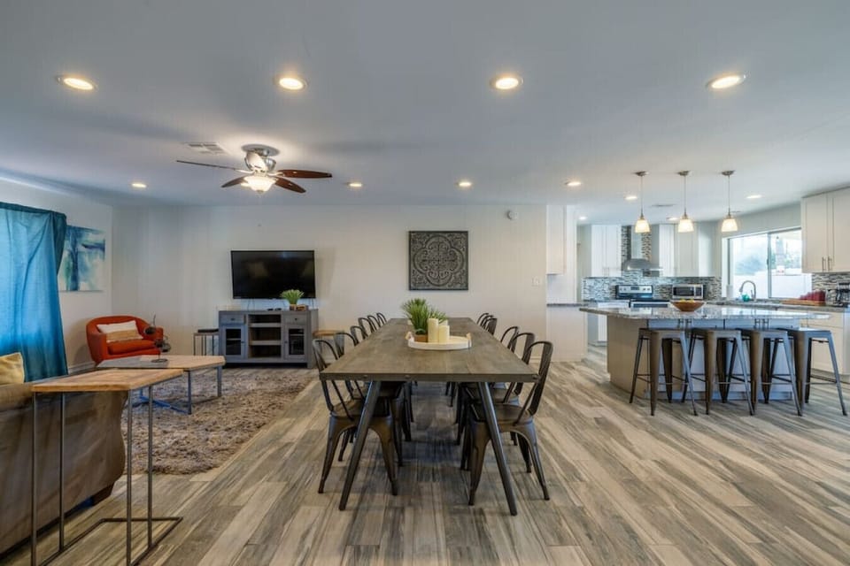 Gather around the table in this airy, welcoming dining space.