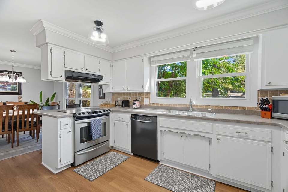 Kitchen is fully outfitted! Many a Thanksgiving and Christmas feast have been prepared by our guests in this kitchen and we just add things every time we get a request or recommendation from our guests. You should be lacking for nothing!