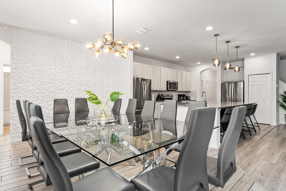 The dining table comfortably seats 14.