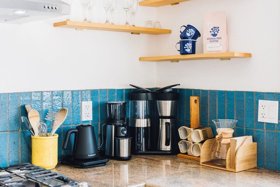 We provide fresh local Joshua Tree Coffee Co. beans, a grinder and a top of the line Oxo drip coffee maker.  For the coffee enthusiasts, we also provide a french press, Chemex drip coffee carafe and Aeropress.  That's right, you can make coffee 4 different ways!