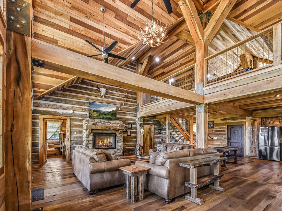 Indoors, Hardwood, Fireplace, Ceiling Fan, Stained Wood