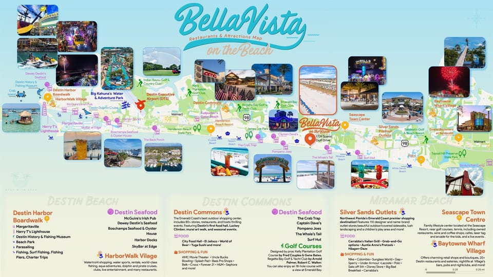 Bella Vista on the Beach is located in Frangista Beach, the charming crown jewel of Miramar Beach, and features wide sidewalks for walking and biking plus easy access to all the dining and excitement that Miramar Beach and Destin has to offer!