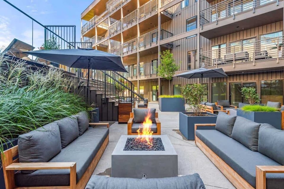 Fireplace and seating by the pool