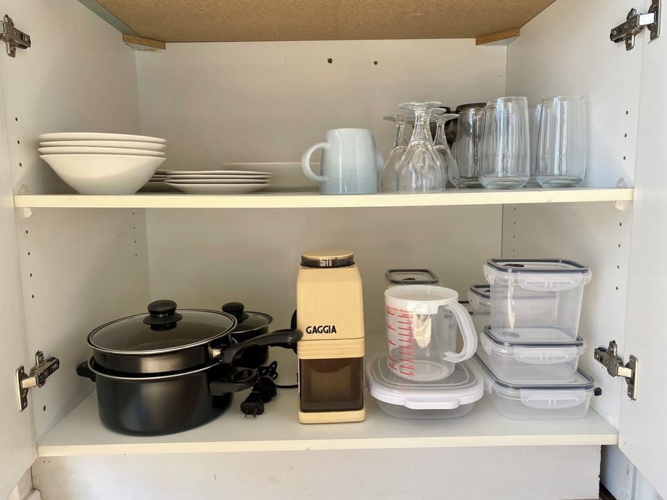Crockery and cutlery for up to four guest, coffee plunger, kettle, toaster.