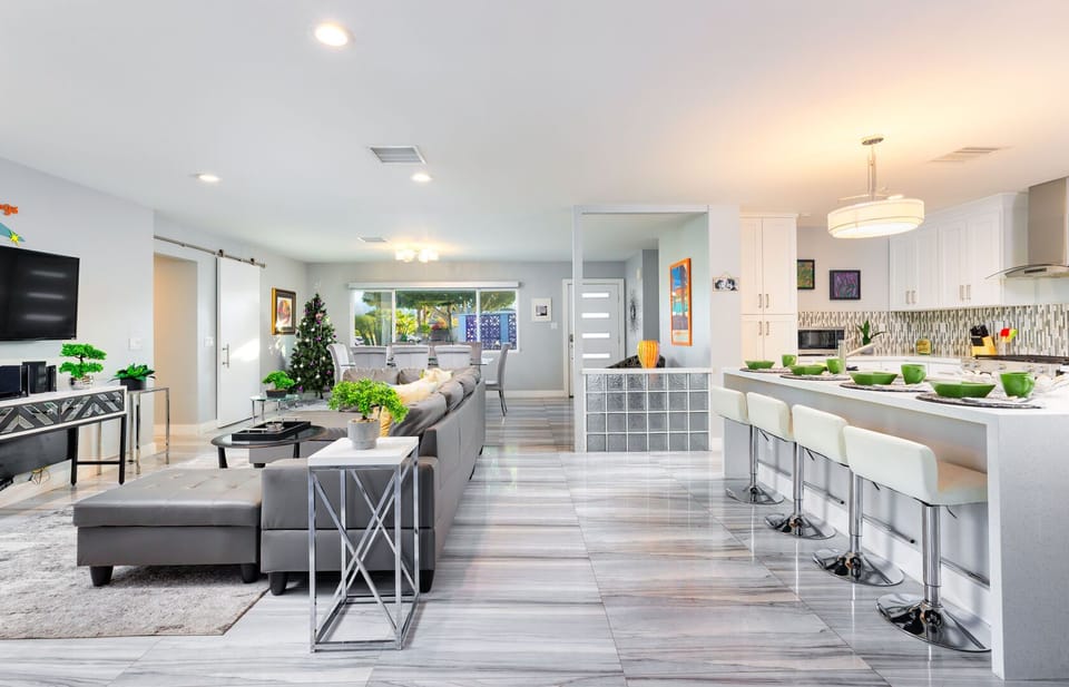 Bar seating for four awaits in the kitchen