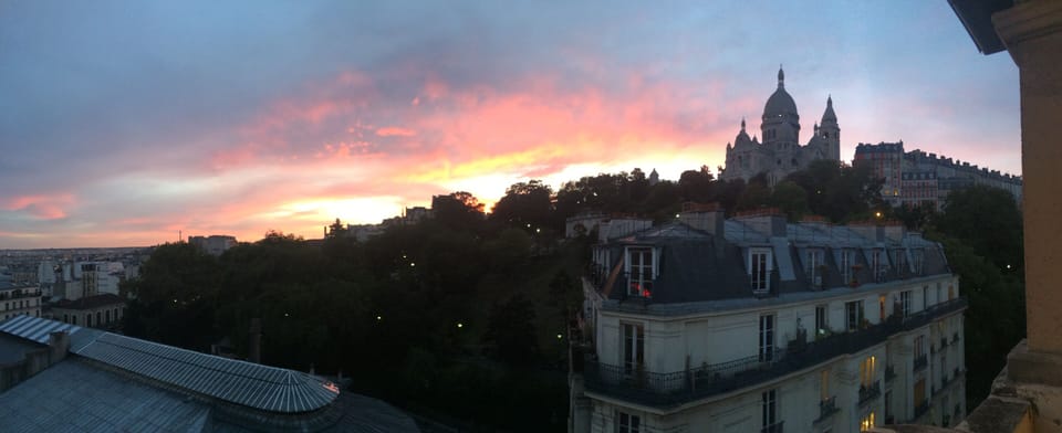 Panoramic view from the apartment at sundown.