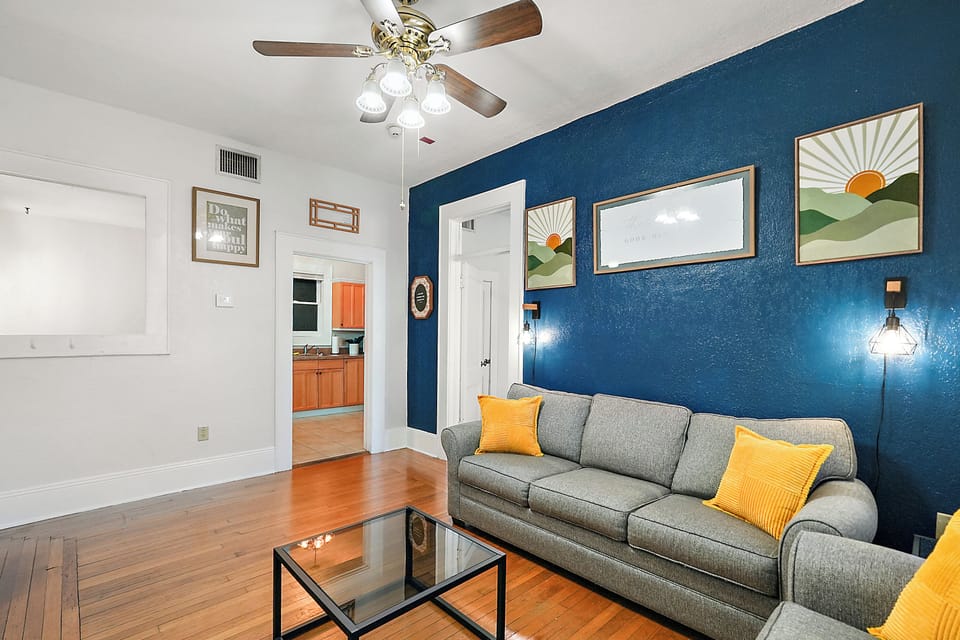 Everything you need: stocked kitchen, comfy bedding, full bath, and dining area!