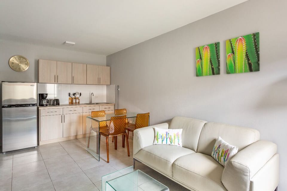Our living room has air conditioning, a smart TV, and a room directory.