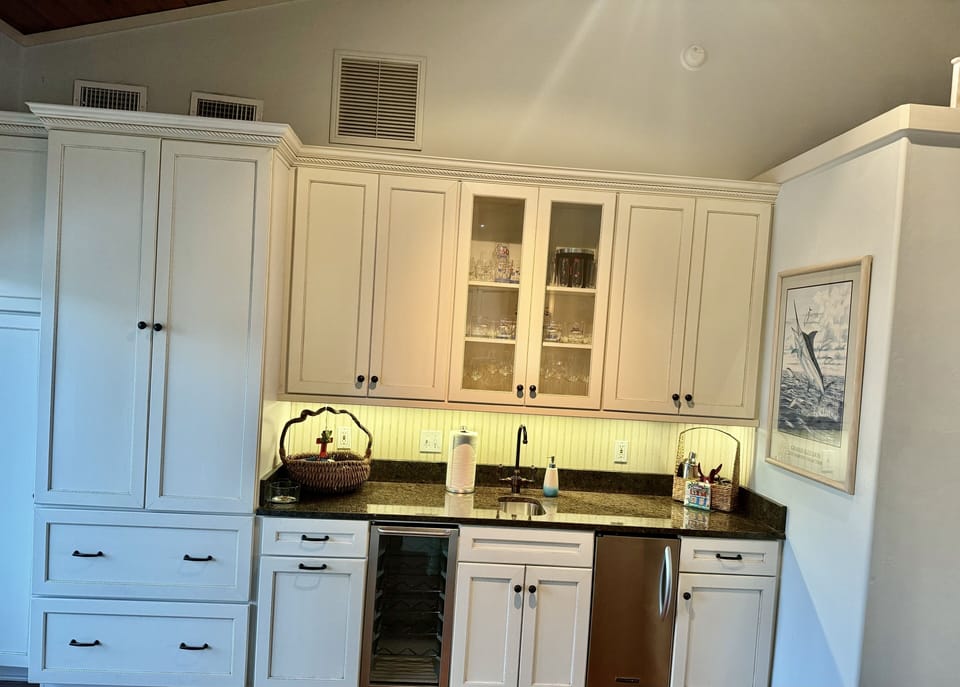 Pantry, wine fridge, sink, & ice maker beverage center.