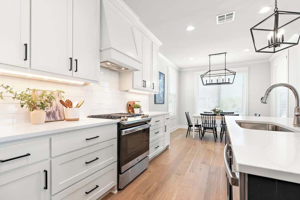 Easy flow for family or group meals to serve from the kitchen to the dining space. 
