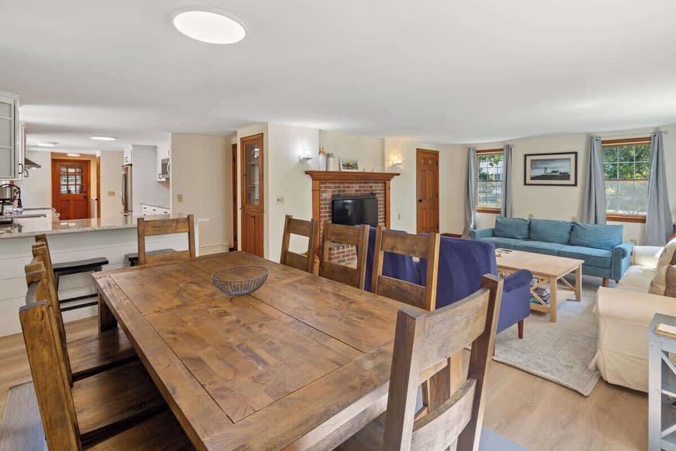 The dining room flows into the living room 