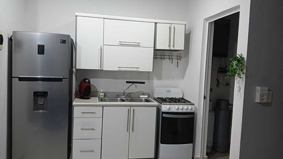 Kitchen with fridge and gas stove/oven 