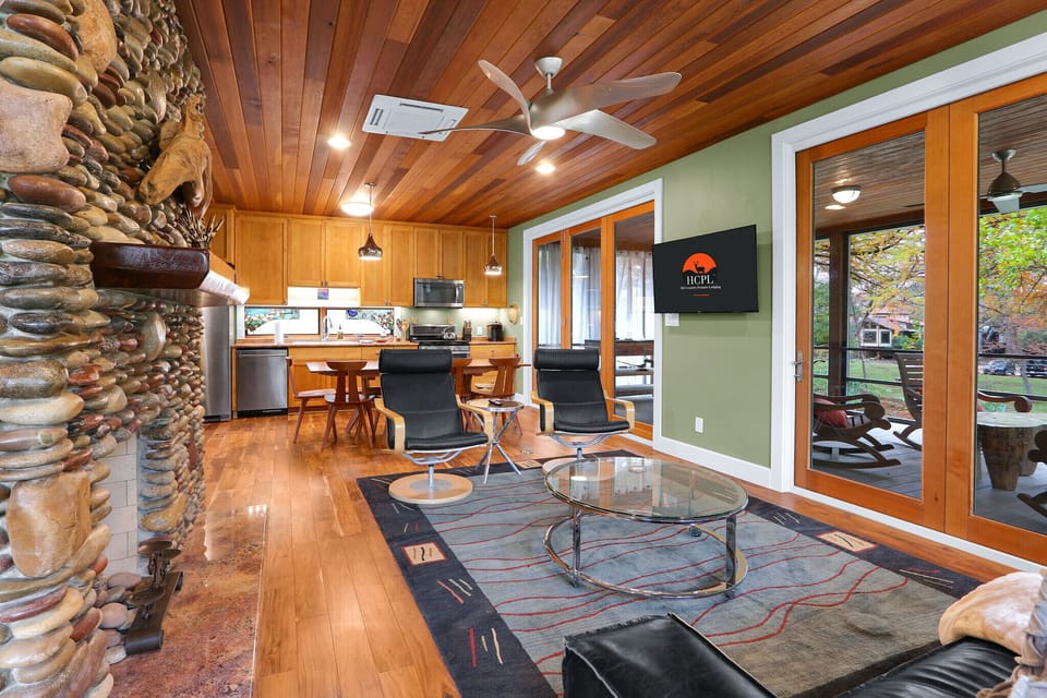 Large stone fireplace in the living room