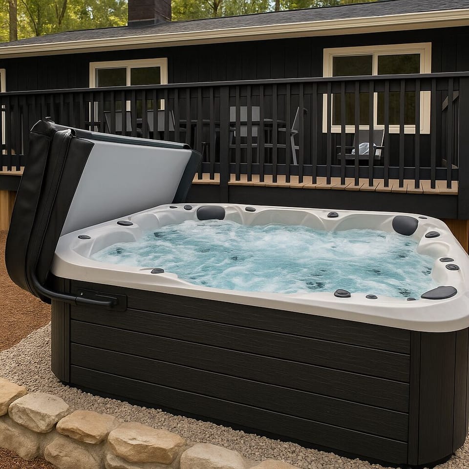 8 person private hot tub backing the woods