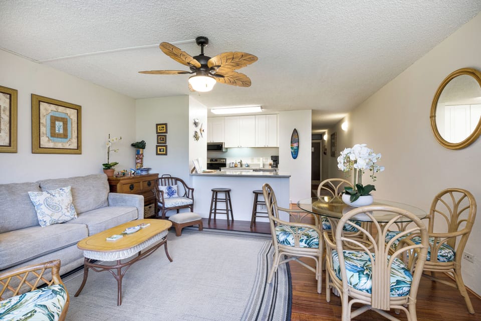 Living room area, is furnished and has an AC unit.