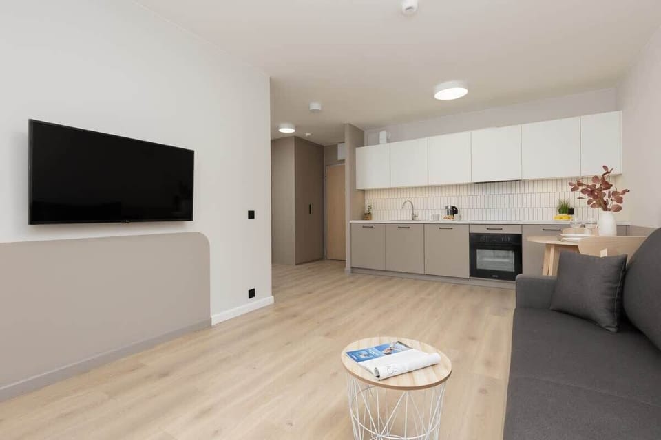 Functional living room with kitchenette and TV.