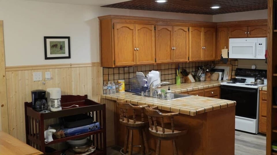 Kitchen, counter, and Coffee service. Full size new refrigerator out of view.