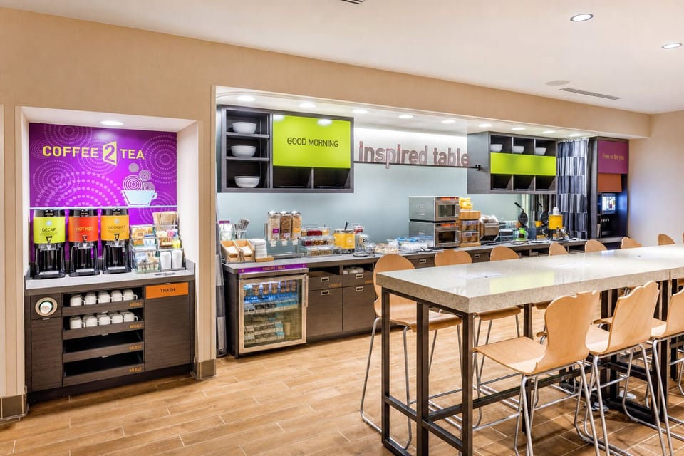 Grab breakfast essentials fast, then settle in at the high-top.