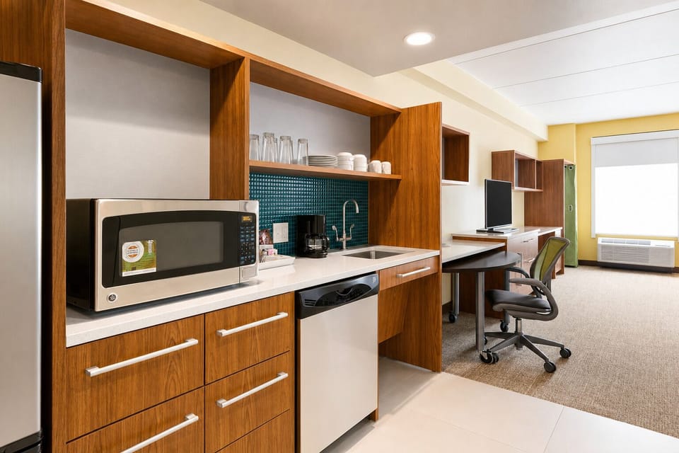 Prepare easy snacks with microwave, sink, and ample counter space.