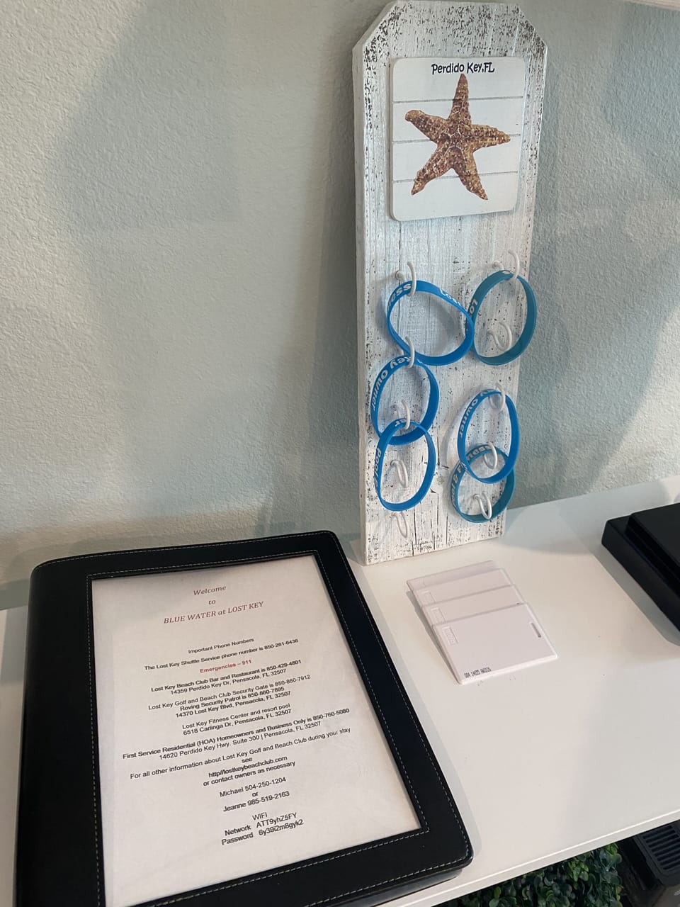 Arm bands,, key cards and guest resource book provided.