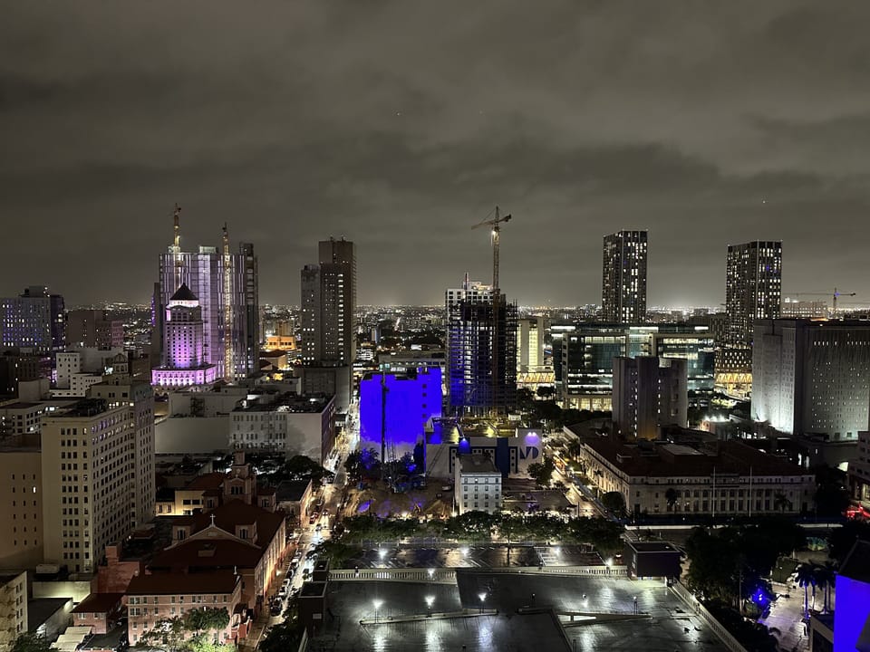 View of the apartment balcony at night.