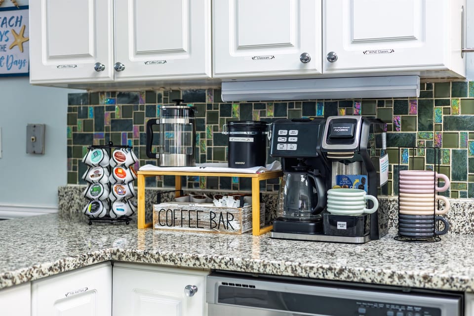 Start the morning at the coffee bar — a Keurig, French press, and drip maker mean everyone gets their coffee exactly how they like it.