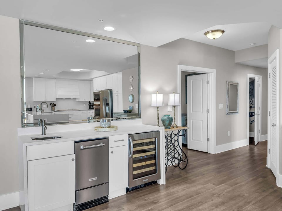 Wet bar with ice maker and wine cooler