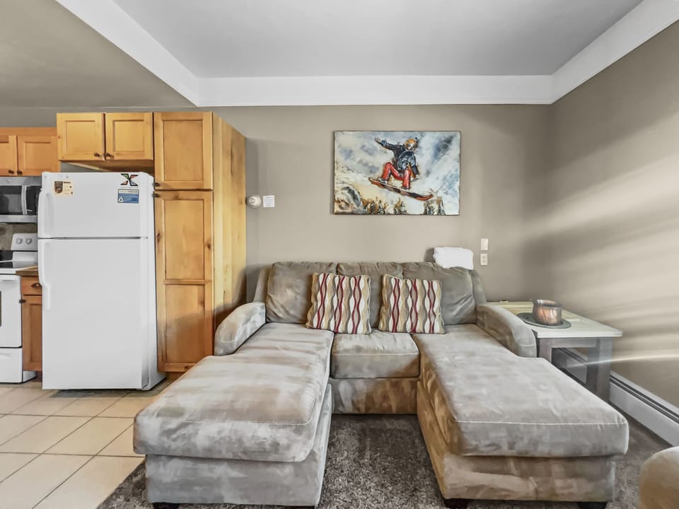 A living room with a gray sectional sofa, striped pillows, and a wall-mounted painting of a skier. The kitchen area with wooden cabinets and a white refrigerator is visible in the background.