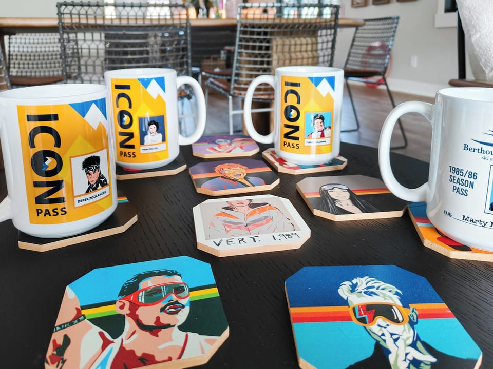 - Start your mornings with a bold cup of coffee from vibrant ICON Pass mugs - Colorful pop art coasters add personality and local flair to the space - Perfect corner to relax, sip, and take in the mountain town ambiance