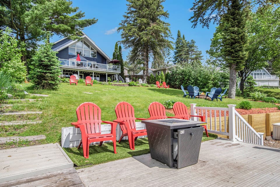 Electric fireplace by the dock—perfect for cozy Northern lake evenings