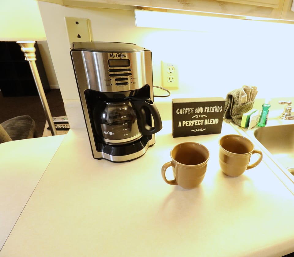 Mr. Coffee ready to brew your fresh cup while you enjoy the view of mountains