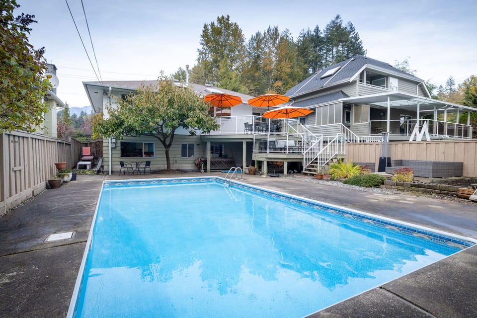 Large heated pool with easy access from patio seating area