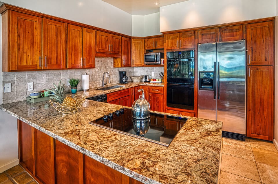 Large open concept kitchen with ocean views