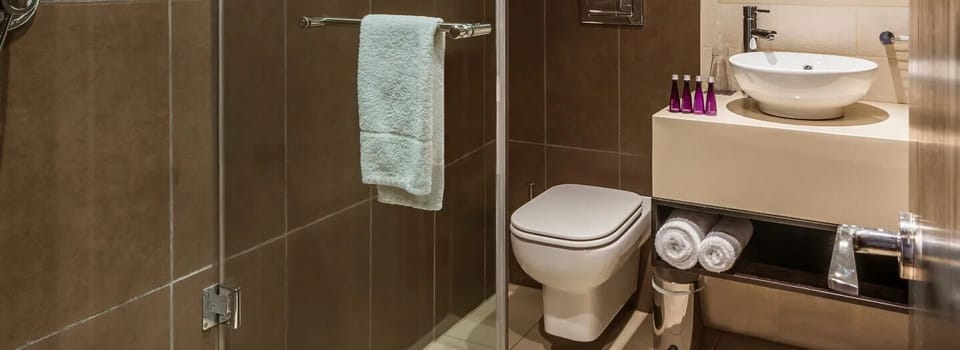 Refresh in a sleek shower with fluffy towels ready.