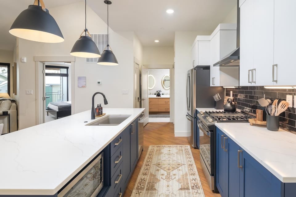 The kitchen is equipped with high end appliances