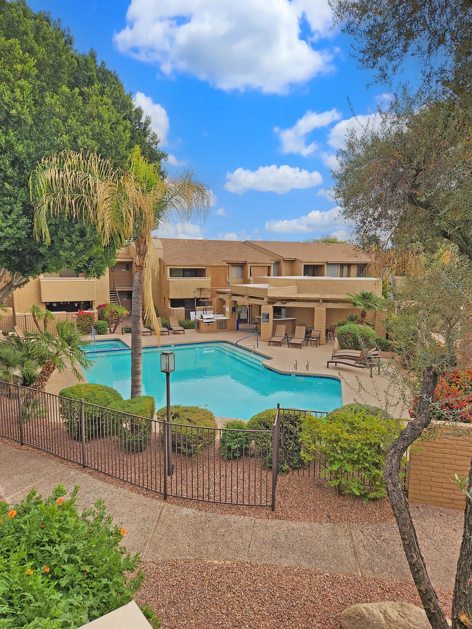The front door faces the complex pool (heated in winter)