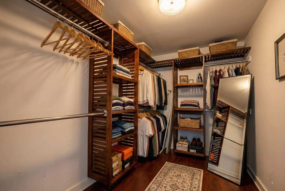 Walk-in closet with shelving, hanging space, baskets, and full-length mirror.