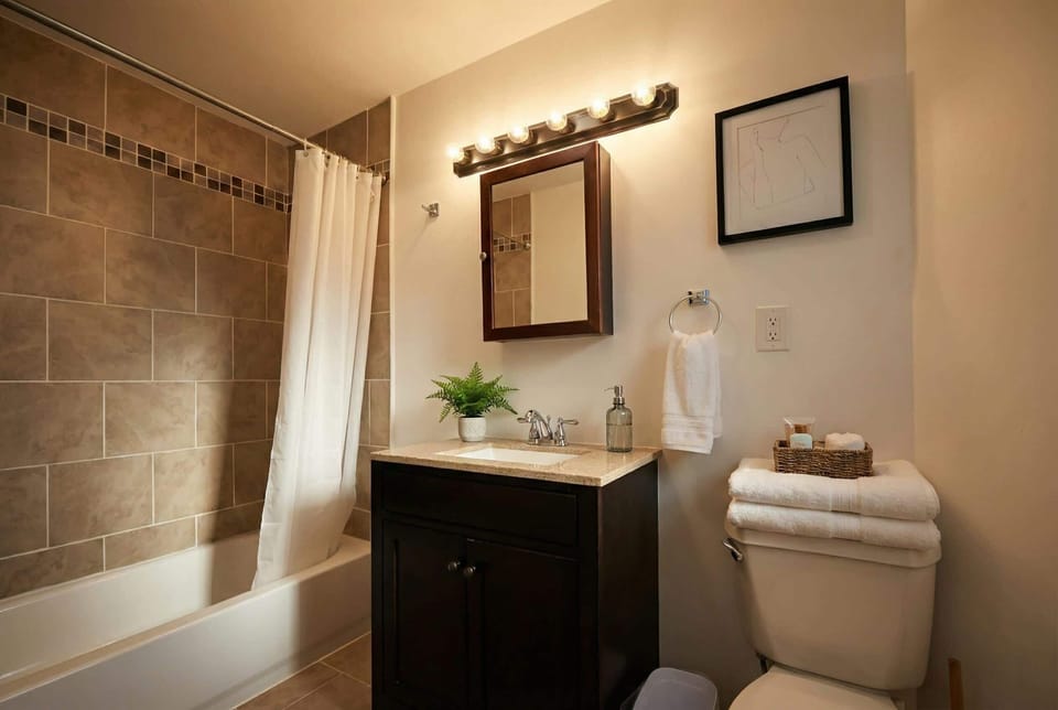 Bathroom with bathtub/shower combo, vanity, toilet, and fresh towels.