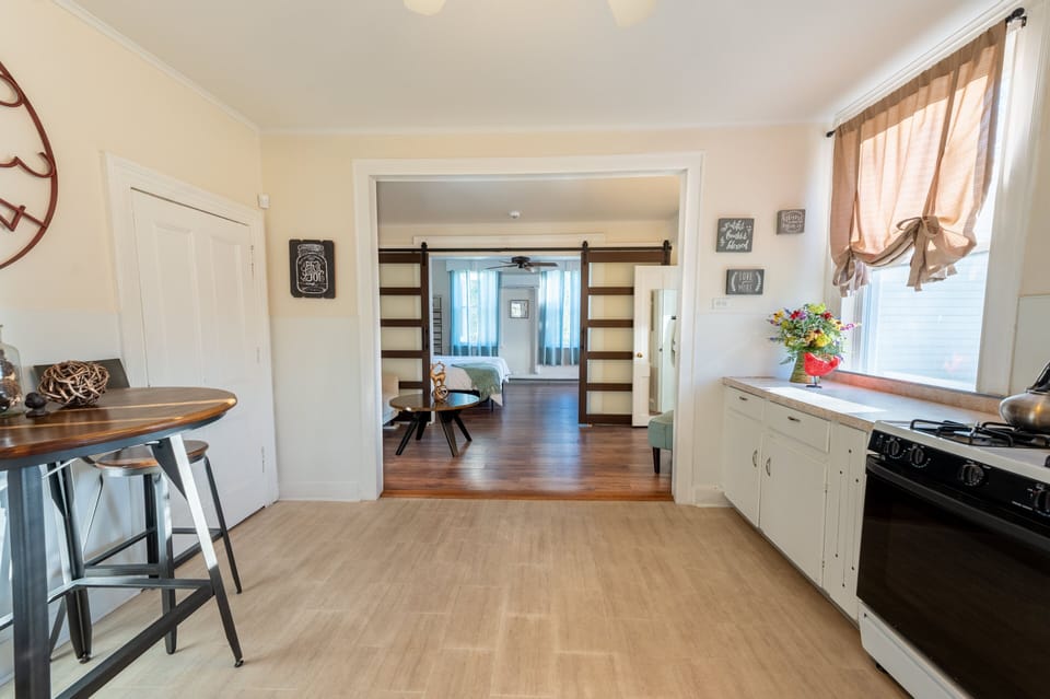 Here's a view from the kitchen of our natural-light filled space!