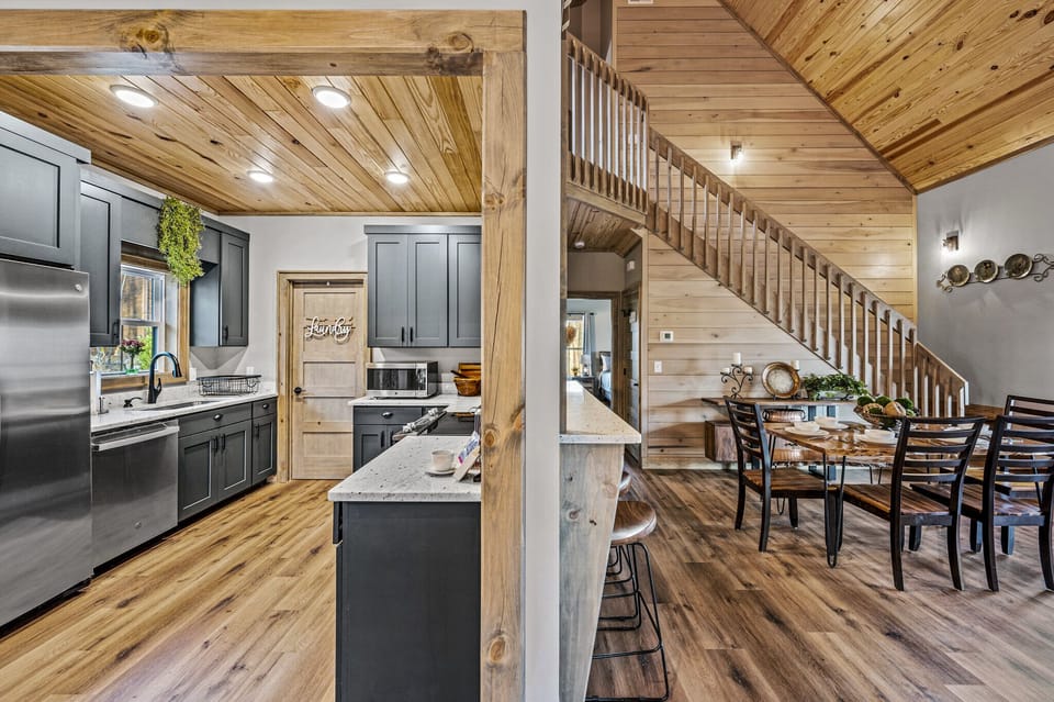 The kitchen is easily accessible from the main living area and dining area