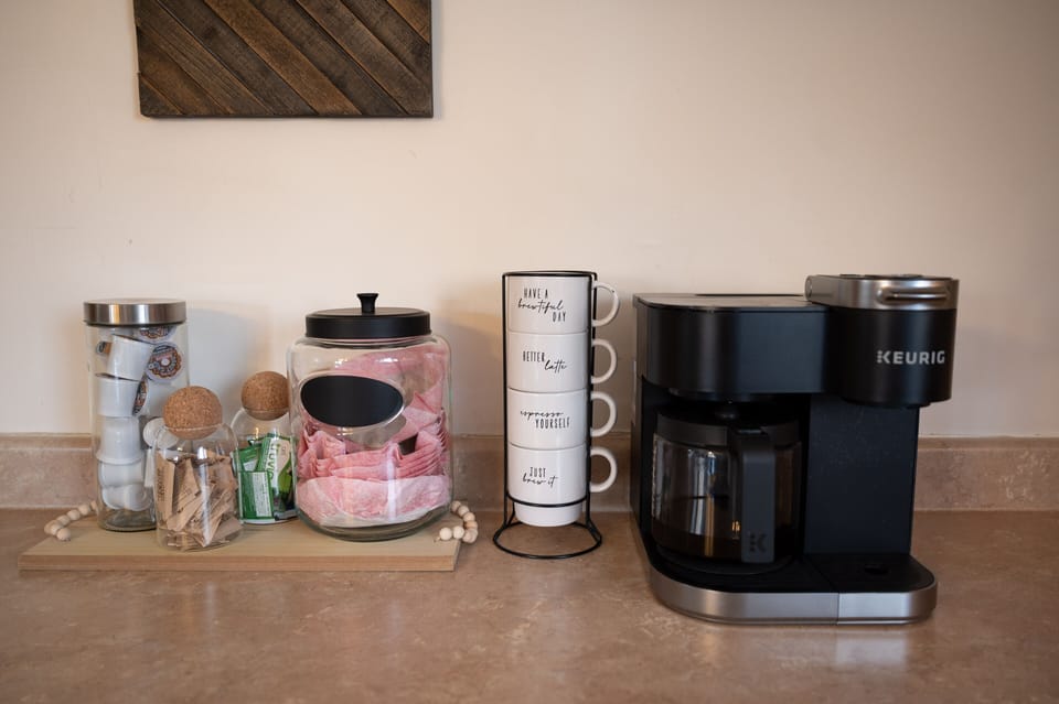 Our coffee station allows for brewing single K-cups, or entire 12-cup pots.